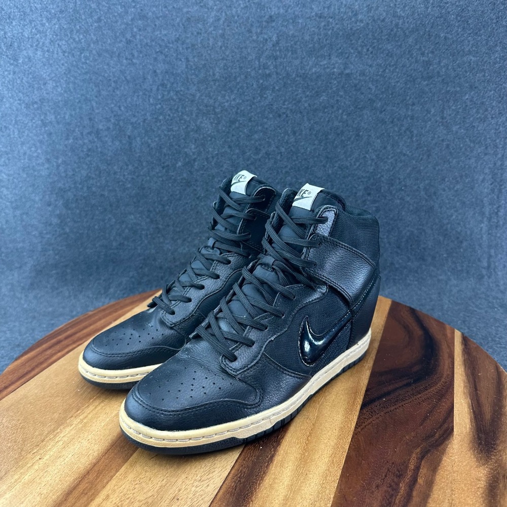 Nike Dunk Sky Hi Shoes Womens 8.5 Essential Triple Black Leather Wedge High Top - Picture 4 of 10